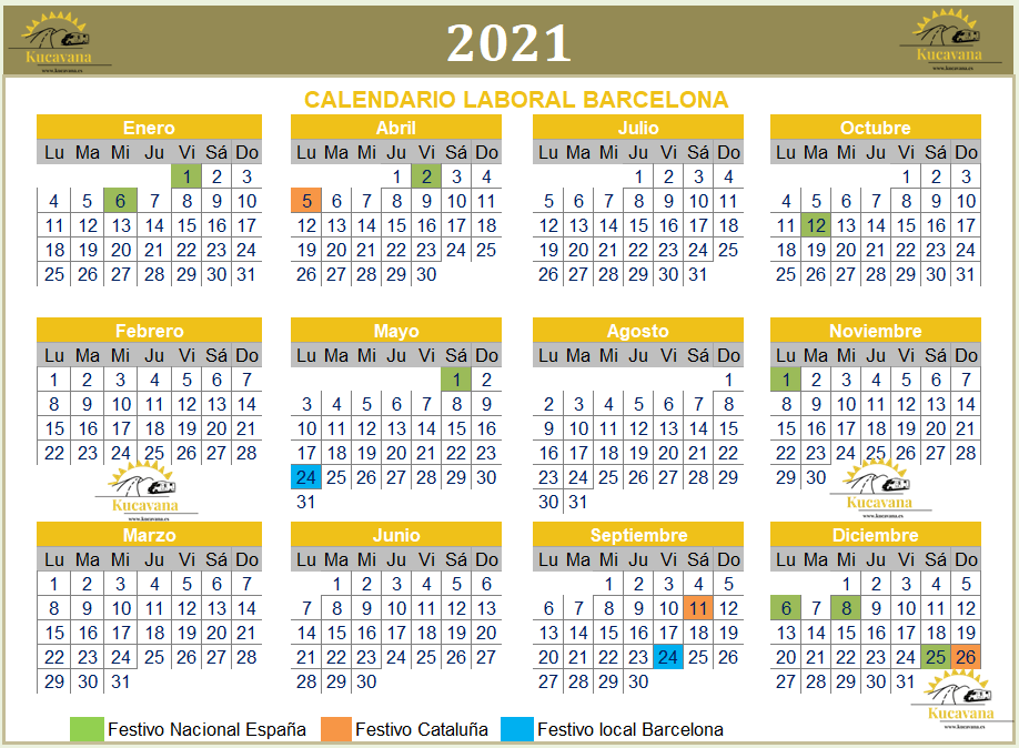 Barcelona 2021 work calendar in image or excel downloadable for