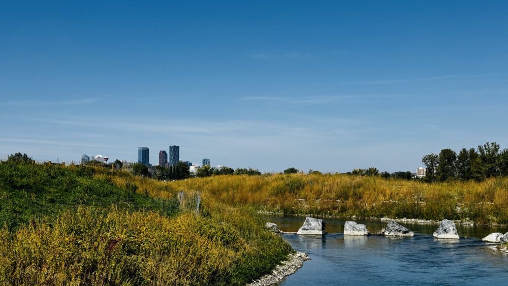 Vistas del skyline y Downtown de Calgary Canadá desde Inglewood Sactuary Park