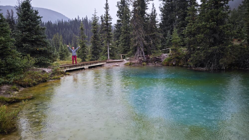 En una de las pasarelas de madera entre varias Inkpots, entre verdes y azules, en un día nublado y con lluvía en ese momento que nos cayó. Cañón de Johnston, Banff National Park Canadá