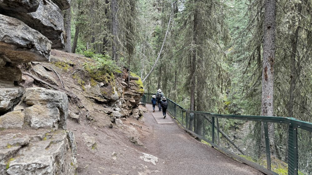 El principio del camino del Johnston Canyon, donde empiezan las pasarelas metálicas entre bosque y al lado del río, todavía sin sobrevolarlo. Parque Nacional de Banff, Canadá.