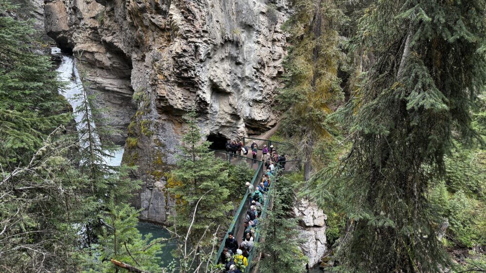 La realidad de las colas para hacerse la foto en las Lower Falls del Johnston Canyon, a las 8 de la mañana a medidados de agosto. Parque Nacional de Banff, Canadá.