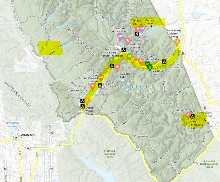 Mapa de Glacier National Park, donde sombreado en amarillo puedes ver las 4 zonas de visita de este Parque Nacional de Estados Unidos