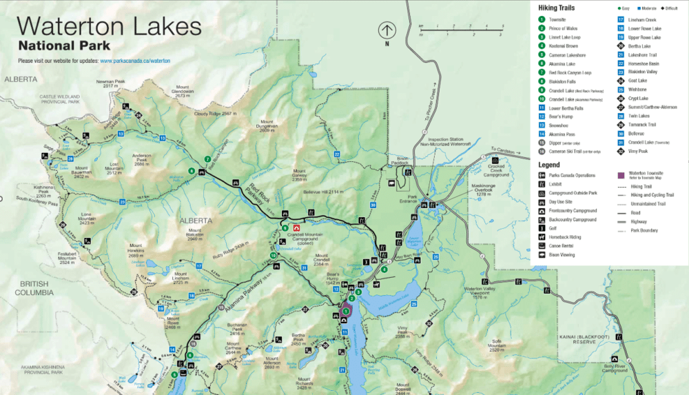 Mapa de rutas de senderismo de Waterton Lakes National Park de Canadá